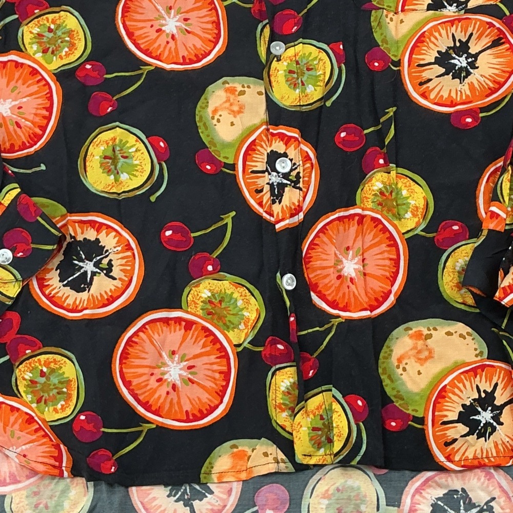 Mens Tarocash Retro Fruit Print Button Down Shirt L Black Tropical Viscose Rayon - Picture 5 of 7